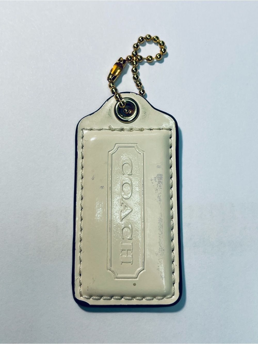 Coach Cream Patent Leather Hang Tag with Gold Ball Chain 2.5”